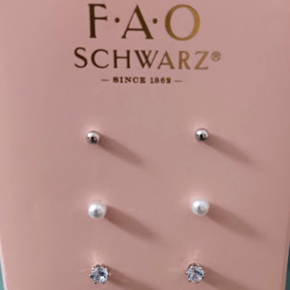 FAO SCHWARZ 3pc SET Silver Plated Round CZ/Silver Ball/Pearl Stud Earrings**NEW!